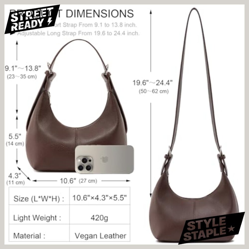 Soft Vegan Leather Hobo Shoulder Bag Crossbody Tote with Adjustable Straps - Picture 6 of 7